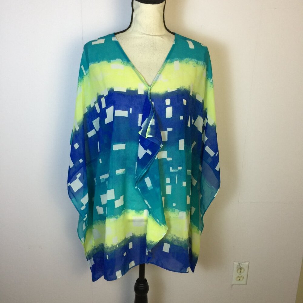 Chico's Kaftan Top Poncho Swim Cover up L/XL Womans Blue Yellow Ruffle V-neck